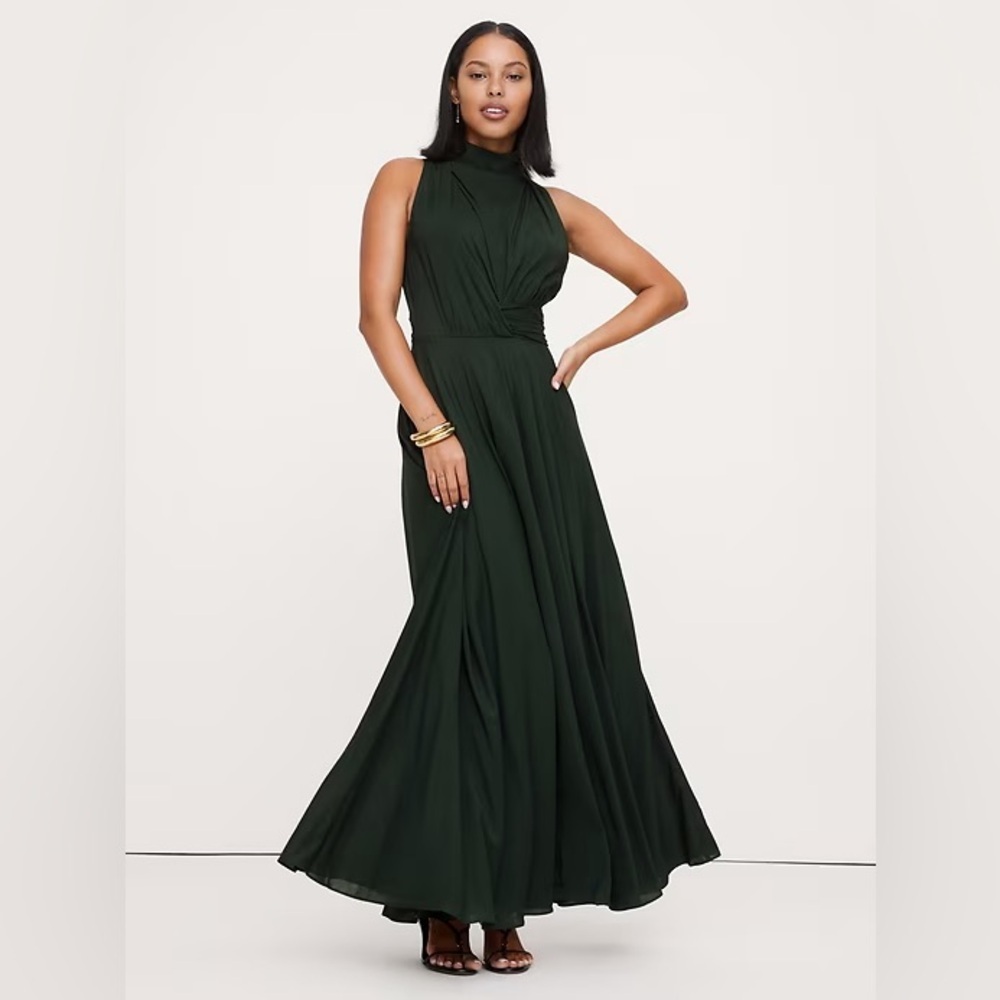 NWT! BANANA REPUBLIC BEYOND THE PINES GREEN STRETCH-CREPE MAXI DRESS 🌅6️⃣